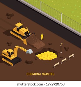 Isometric toxic waste nuclear chemical pollution biohazard composition with chemical wastes description vector illustration