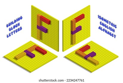 Isometric toy bricks of letter F. Letter from blocks for children poster and games. ABC typography. Realistic 3D vector isolated on white background
