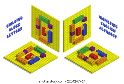 Isometric toy bricks of letter G. Letter from blocks for children poster and games. ABC typography. Realistic 3D vector isolated on white background