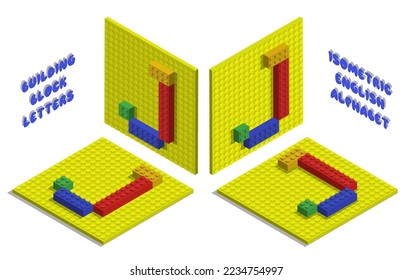 Isometric toy bricks of letter J. Letter from blocks for children poster and games. ABC typography. Realistic 3D vector isolated on white background