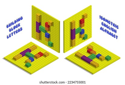 Isometric toy bricks of letter K. Letter from blocks for children poster and games. ABC typography. Realistic 3D vector isolated on white background