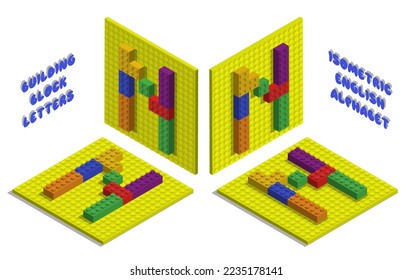 Isometric toy bricks of letter N. Letter from blocks for children poster and games. ABC typography. Realistic 3D vector isolated on white background