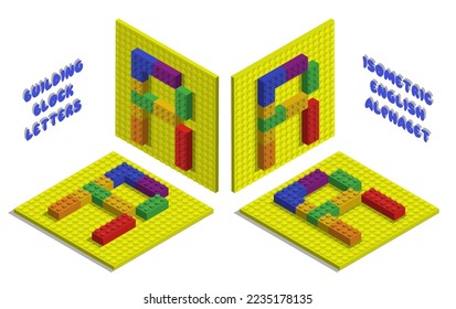 Isometric toy bricks of letter R. Letter from blocks for children poster and games. ABC typography. Realistic 3D vector isolated on white background