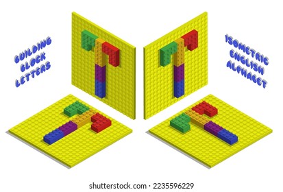 Isometric toy bricks of letter T. Letter from blocks for children poster and games. ABC typography. Realistic 3D vector isolated on white background