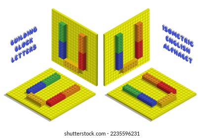 Isometric toy bricks of letter U. Letter from blocks for children poster and games. ABC typography. Realistic 3D vector isolated on white background