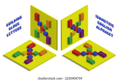 Isometric toy bricks of letter X. Letter from blocks for children poster and games. ABC typography. Realistic 3D vector isolated on white background
