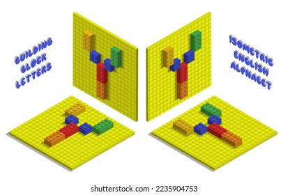 Ladrillos isométricos de juguete de la letra Y. Carta de los bloques de póster y juegos para niños. Tipografía ABC. Vector 3D realista aislado en fondo blanco