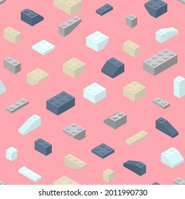 Isometric toy building block bricks for kid, Seamless pattern, pastel color sweet pink background. Brick toys design for fashion, fabric, print, wall, backdrop and wallpaper, vector