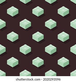 Isometric toy building block bricks for kid, Seamless pattern, pastel color mint cubes and brown background. Brick toys design for fashion, fabric, print, wall, backdrop and wallpaper, vector