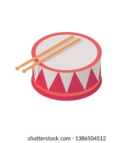 Isometric toy and musical instrument in vivid colors. Kid drum with drumsticks 3d, isolated on white background. Vector illustration good for children music education store 
