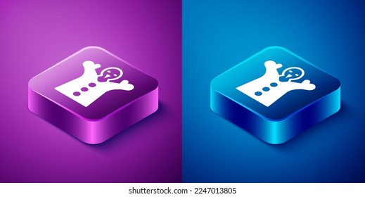 Isometric Toy puppet doll on hand icon isolated on blue and purple background. Square button. Vector