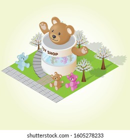 Isometric toy shop surrounded by lollipop trees