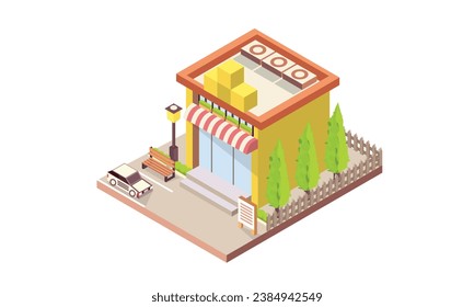 isometric toy store.on white background.isometric design. 3D design elements for construction of urban and village landscapes.