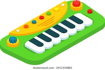 Isometric toy synthesizer keyboard. Colorful children's musical instrument. Education, music learning, and kids' entertainment vector illustration.