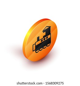 Isometric Toy train icon isolated on white background. Orange circle button. Vector Illustration