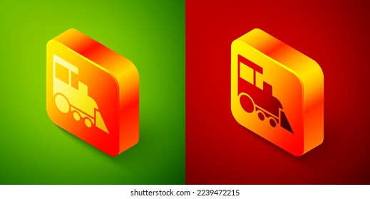 Icono del tren de juguetes isométricos aislado en fondo verde y rojo. Botón cuadrado. Vector