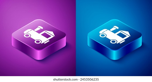 Icono de tren de juguete isométrico aislado sobre fondo azul y púrpura. Botón cuadrado. Vector