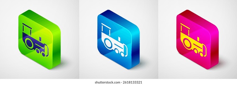 Isometric Toy train icon isolated on grey background. Square button. Vector
