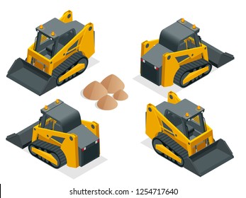 Isometric tracked Compact Excavators. Orange Steer Loader isolated on a white background