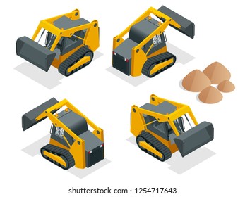 Isometric tracked Compact Excavators. Orange Steer Loader isolated on a white background