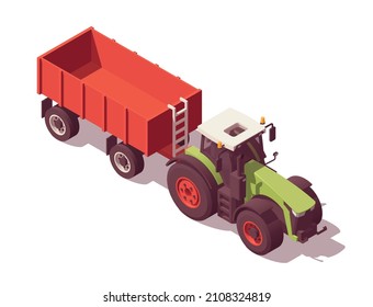 Isometric tractor with agricultural equipment set. Isolated low poly green tractor with red trailer on white backgroung. Vector illustrator. Collection