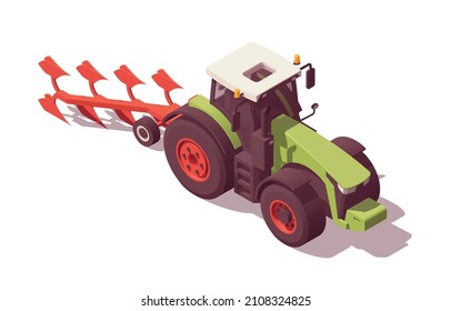 Isometric tractor with agricultural equipment set. Isolated low poly green tractor with red plow on white backgroung. Vector illustrator. Collection