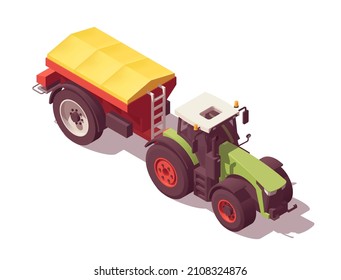 Isometric tractor with agricultural equipment set. Isolated low poly green tractor with red fertilizer spreader on white backgroung. Vector illustrator. Collection