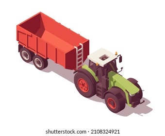 Isometric tractor with agricultural equipment set. Isolated low poly green tractor with red trailer on white backgroung. Vector illustrator. Collection