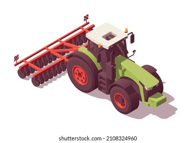 Isometric tractor with agricultural equipment set. Isolated low poly green tractor with red cultivator on white backgroung. Vector illustrator. Collection