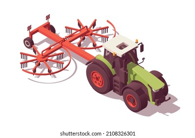 Isometric tractor with agricultural equipment set. Isolated low poly green tractor with red rotary rake on white backgroung. Vector illustrator. Collection