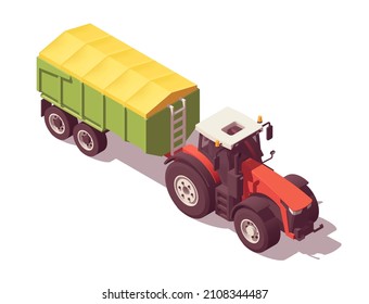 Isometric tractor with agricultural equipment set. Isolated low poly red tractor with green trailer on white backgroung. Vector illustrator. Collection