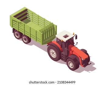 Isometric tractor with agricultural equipment set. Isolated low poly red tractor with green trailer for grass, hay and straw on white backgroung. Vector illustrator. Collection