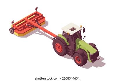 Isometric tractor with agricultural equipment set. Isolated low poly green tractor with red trailed mower on white backgroung. Vector illustrator. Collection