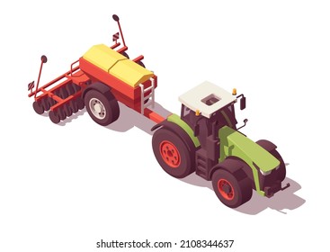 Isometric tractor with agricultural equipment set. Isolated low poly green tractor with red trailed seeder on white backgroung. Vector illustrator. Collection