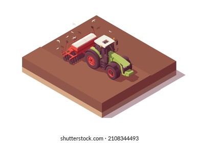 Isometric tractor composition. Isolated low poly green tractor with red seeder seeding on field. Vector illustrator. Collection