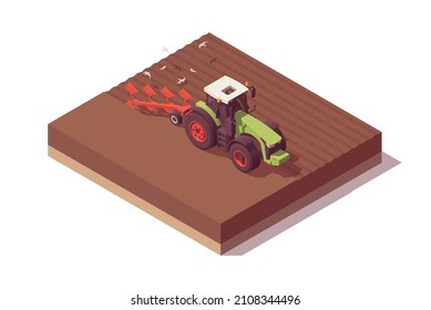 Isometric tractor composition. Isolated low poly green tractor with red plow plowing field. Vector illustrator. Collection