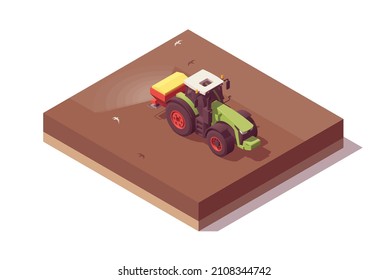 Isometric tractor composition. Isolated low poly green tractor with red fertilizer spreader spreading fertilizer on field. Vector illustrator. Collection