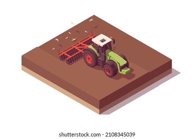 Composición isométrica del tractor. Tractor verde de polos aislado con campo de cultivo de cultivador rojo. Ilustrador de vectores. Colección