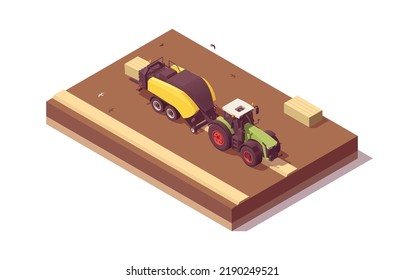 Isometric tractor composition. Isolated low poly green tractor with yellow large square baler baling straw. Vector illustrator