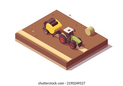 Isometric tractor composition. Isolated low poly green tractor with yellow round baler baling straw. Vector illustrator