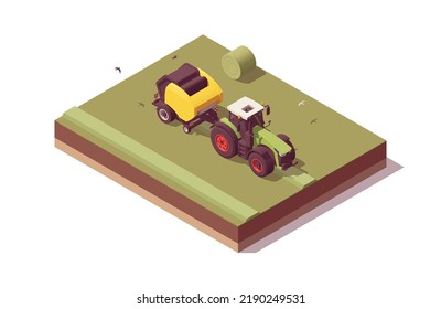 Isometric Tractor Composition. Isolated Low Poly Green Tractor With Yellow Round Baler Baling Hay. Vector Illustrator