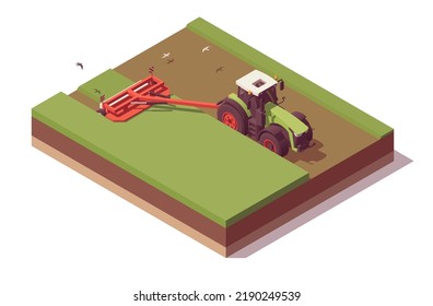 Composición isométrica del tractor. Tractor de bajo color verde de popa aislado con campo de cortadora de tracción roja. Ilustrador de vectores