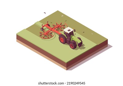 Isometric Tractor Composition. Isolated Low Poly Green Tractor With Red Rotary Rake Windrowing Hay. Vector Illustrator