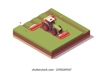 Composición isométrica del tractor. Tractor de bajo color verde polo aislado con campo de maceración de cortadoras rojas. Ilustrador de vectores