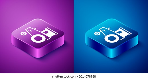 Isometric Tractor icon isolated on blue and purple background. Square button. Vector