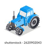 Isometric tractor isolated on white background. Vector illustration. Blue cabin. Large heavy modern agricultural tractor for fieldwork.
