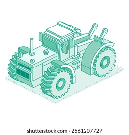 Isometric tractor isolated on white background. Vector illustration. Outline object. Large modern agricultural tractor.