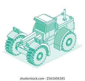Isometric tractor isolated on white background. Rear view. Vector illustration. Outline object. Large modern agricultural tractor.