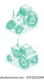 Isometric tractor isolated on white background. Vector illustration. Outline object. Large heavy modern agricultural tractor for fieldwork. Front and back view.