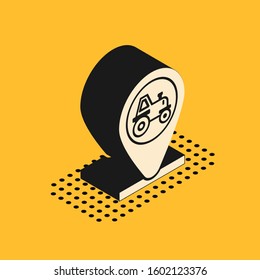 Isometric Tractor and location icon isolated on yellow background.  Vector Illustration